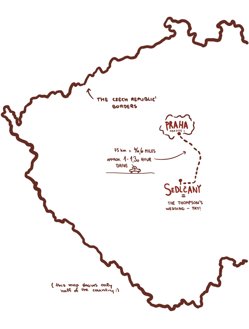 Hand-drawn map showing route from Prague to wedding venue